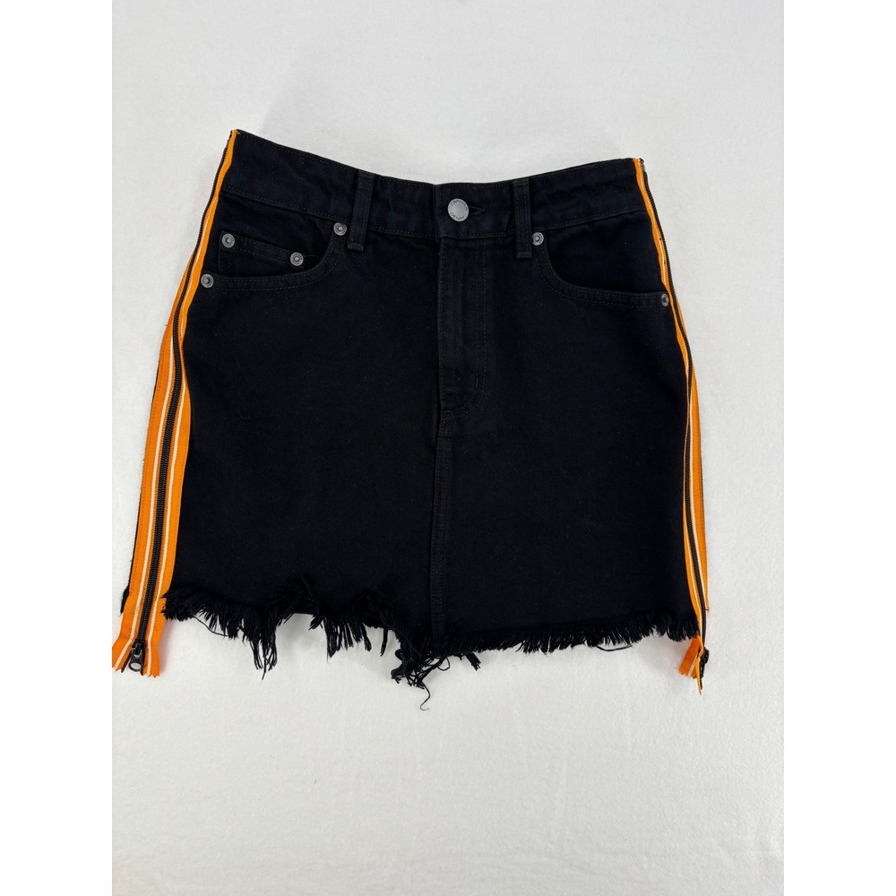Carmar Denim Mini‎ Skirt Womens 26 Black Orange Racing Stripe Side Zip Raw Hem